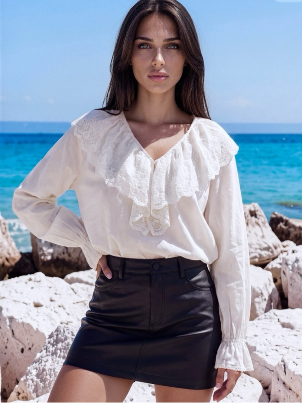 🌷 White Lace Ruffle Victorian Style Cotton Blouse 🌷